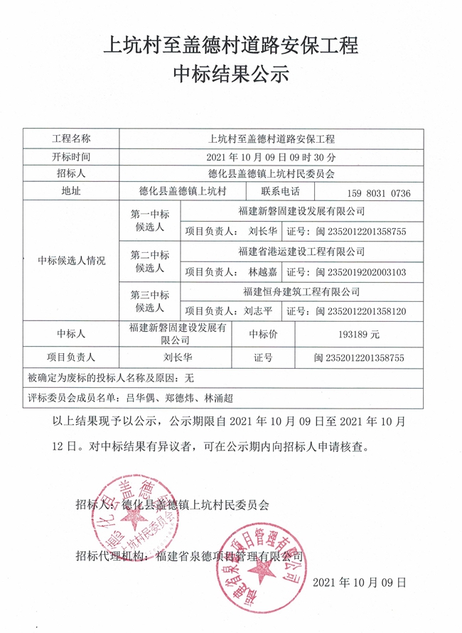 上坑村至盖德村道路安保工程中标结果公示 - 憨鼠网