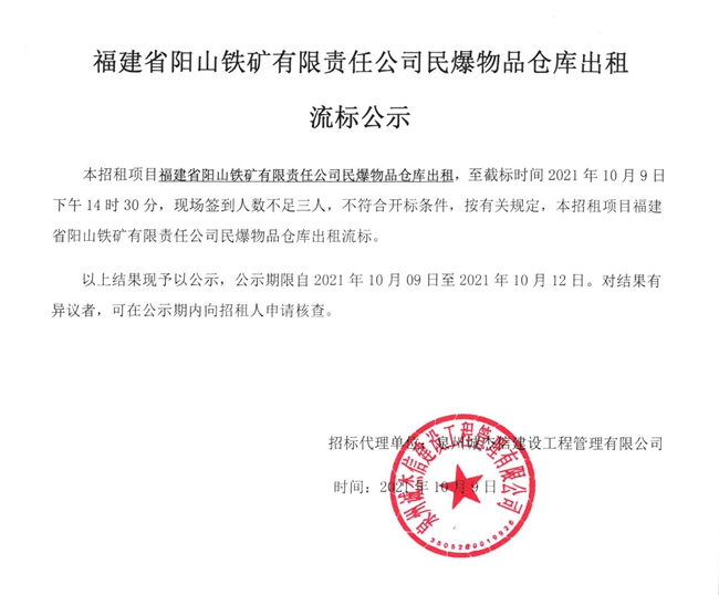福建省阳山铁矿有限责任公司民爆物品仓库出租流标公示 - 憨鼠网