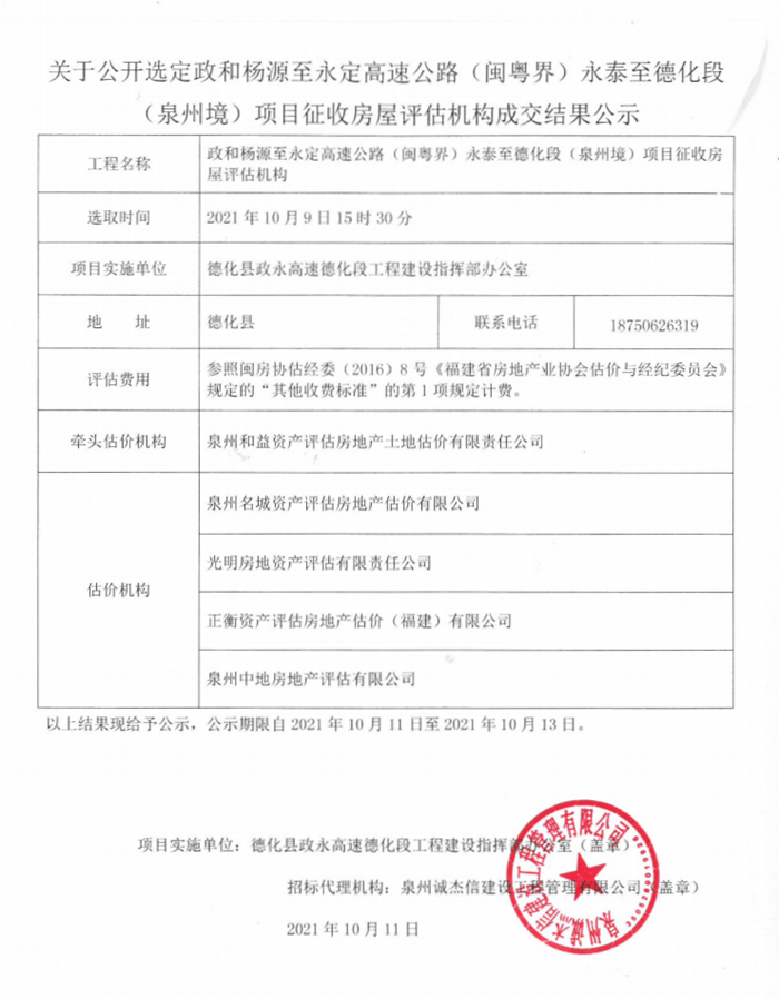 关于公开选定政和杨源至永定高速公路（闽粤界）永泰至德化段（泉州境）项目征收房屋评估机构成交结果公示 - 憨鼠网