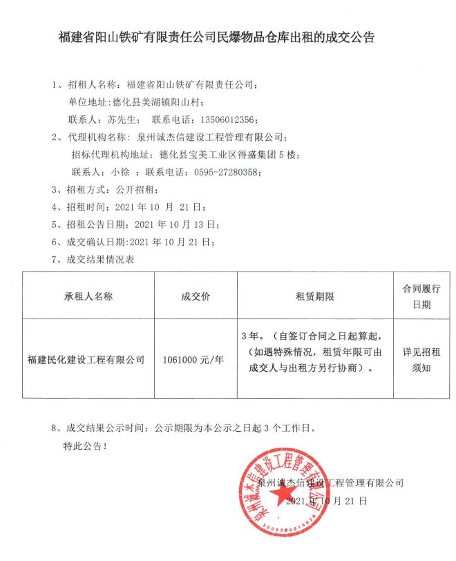 福建省阳山铁矿有限责任公司民爆物品仓库出租的成交公告 - 憨鼠网