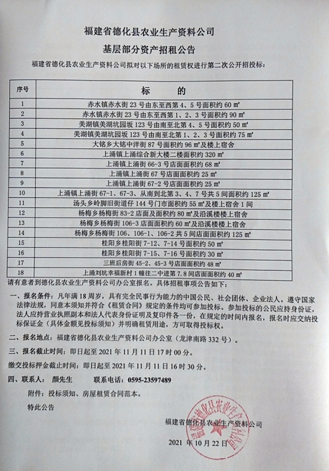 福建省德化县农业生产资料公司基层部分资产第二次招租公告 - 憨鼠网