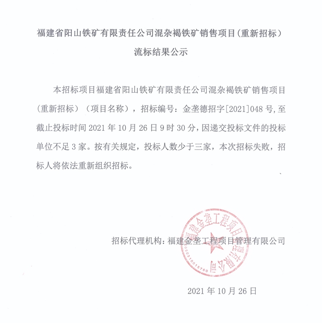 福建省阳山铁矿有限责任公司混杂褐铁矿销售项目（重新招标）流标结果公示 - 憨鼠网