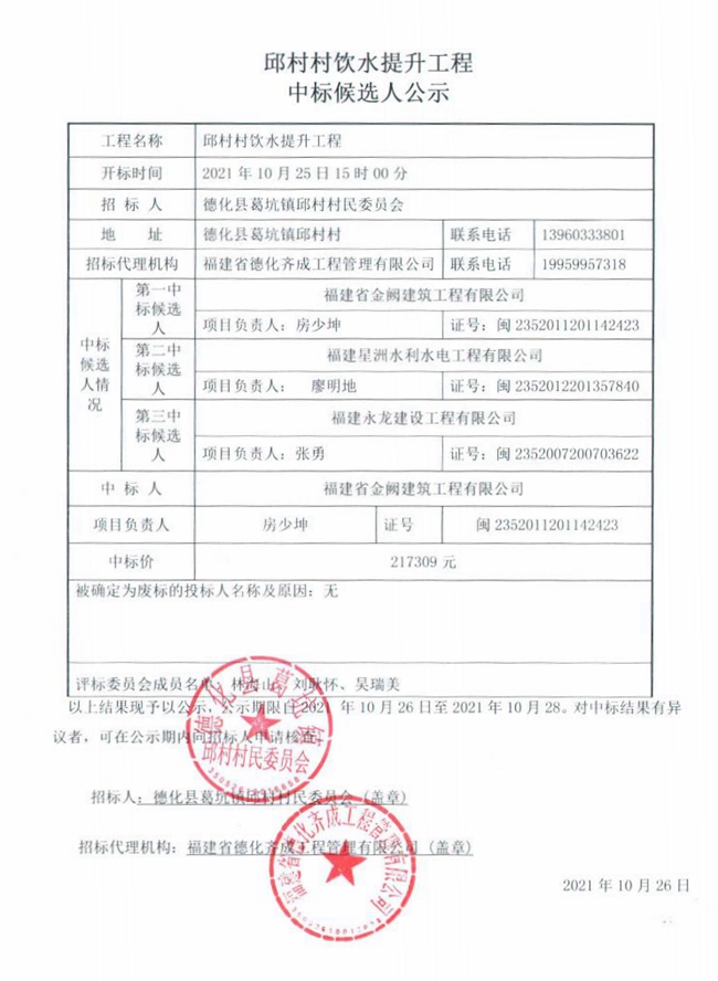邱村村饮水提升工程中标候选人公示 - 憨鼠网