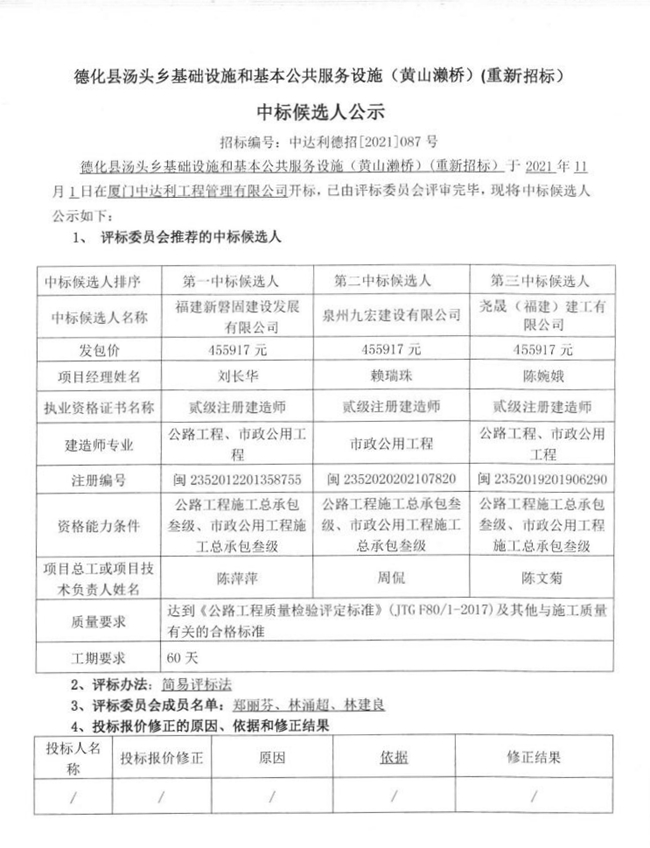 德化县汤头乡基础设施和基本公共服务设施(黄山濑桥)(重新招标)中标候选人公示 - 憨鼠网