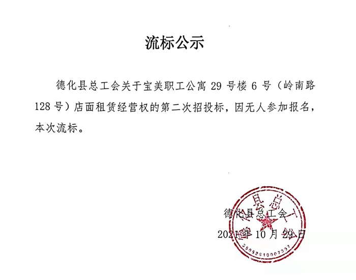 宝美职工公寓29号楼6号（岭南路128号）店面租赁经营权流标公示 - 憨鼠网
