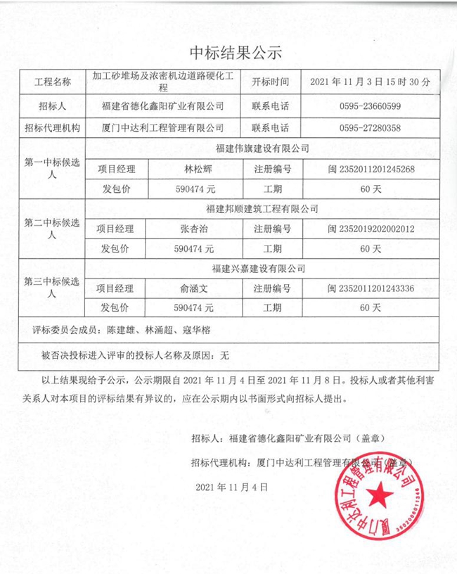 加工砂堆场及浓密机边道路硬化工程中标结果公示 - 憨鼠网