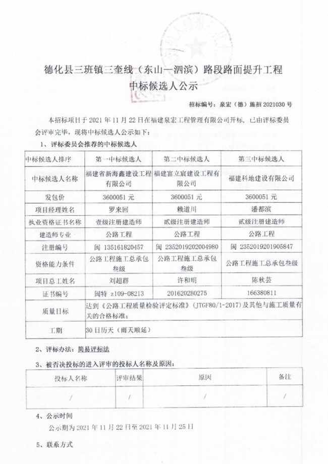 德化县三班镇三奎线（东山—泗滨）路段路面提升工程中标候选人公示 - 憨鼠网