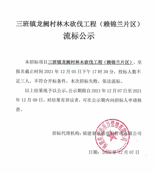 三班镇龙阙村林木砍伐工程（赖锦兰片区）流标公示 - 憨鼠网