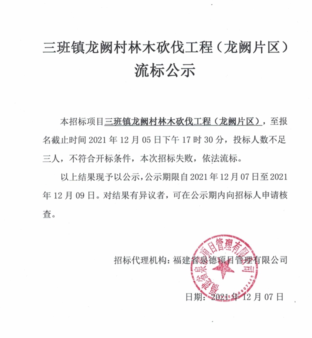 三班镇龙阙村林木砍伐工程（龙阙片区）流标公示 - 憨鼠网