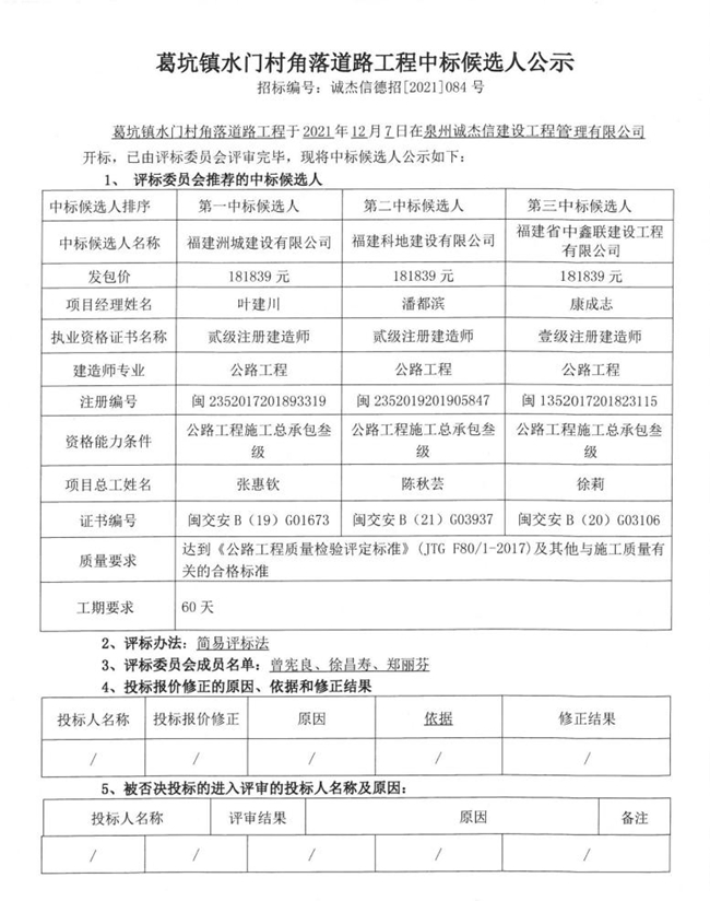 葛坑镇水门村角落道路工程中标候选人公示 - 憨鼠网