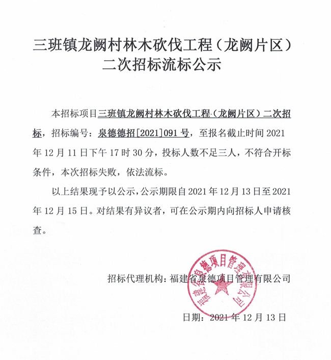 三班镇龙阙村林木砍伐工程（龙阙片区）二次招标流标公示 - 憨鼠网