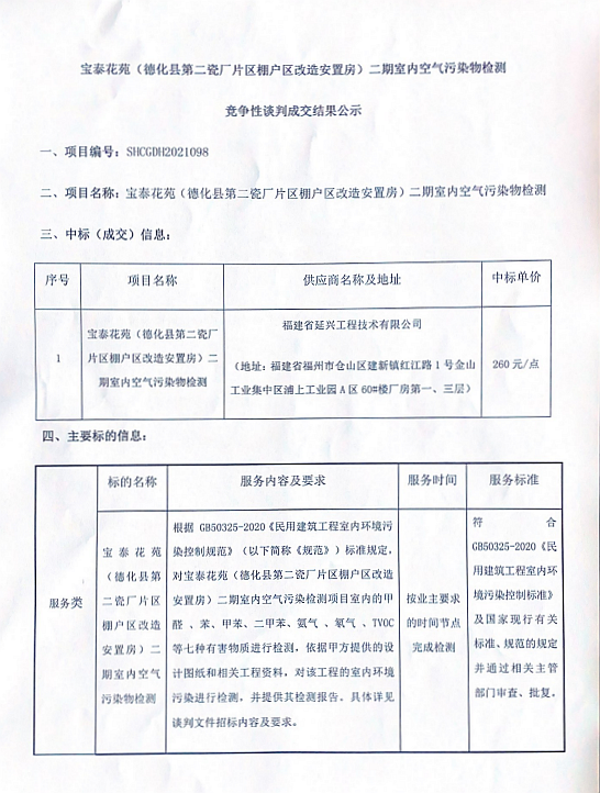 宝泰花苑（德化县第二瓷厂片区棚户区改造安置房）二期室内空气污染物检测竞争性谈判成交结果公示 - 憨鼠网