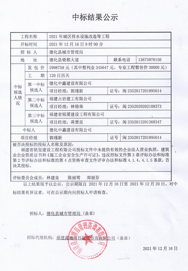 2021年城区排水设施改造等工程中标结果公示 - 憨鼠网