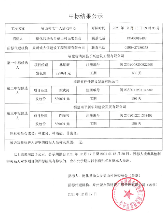 福山村老年人活动中心中标结果公示 - 憨鼠网